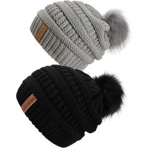 Women Black/Grey 2pack Acrylic Thick Baggy Knit Winter Faux Fur Pompom Beanie